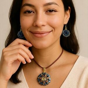 Handmade Blue Flower Pendant Necklace with Coordinating Earrings